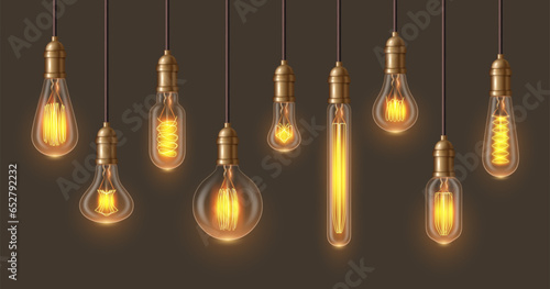 Filament retro lamps in realistic design. Glowing ceiling chandelier set of light vector illustration. Incandescent light bulbs of different types and shapes, retro loft interior decoration lamp