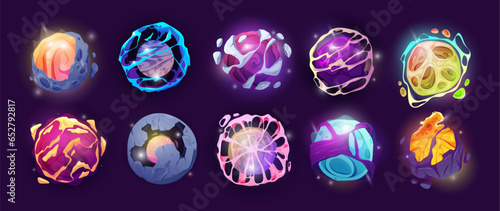 Magic spheres, energy balls with mystic glows, cartoon shiny circles for game design. Vector spheres with lightning and sparks. Set of color glowing orbs with light effect, liquid plasma and fire