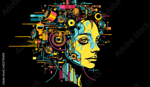 Abstract image of artificial intelligence in form of android robot female head in flat vector style. © misu