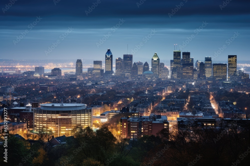 A panoramic view of a bustling urban skyline at dusk