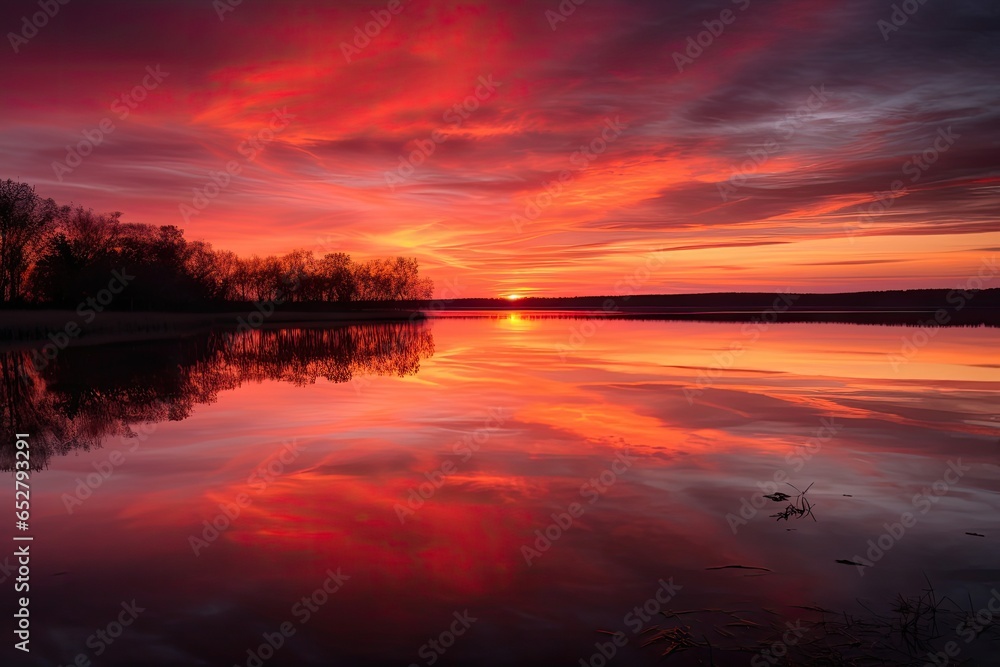 A striking sunset over a calm lake reflecting