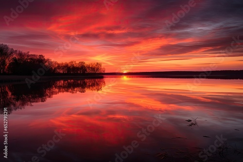 A striking sunset over a calm lake reflecting © GenieStock
