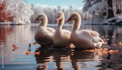Fototapeta Naklejka Na Ścianę i Meble -  swans on the lake in a snowy forest during winter time. Winter landscape. Winter paysage. Frozen lake. swan in winter time. swan. 