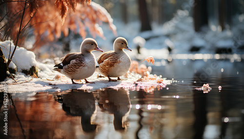 Print op canvas ducks on the lake in a snowy forest during winter time