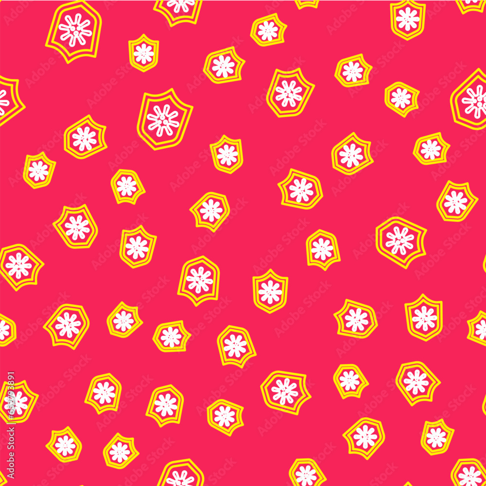 Line Shield protecting from virus, germs and bacteria icon isolated seamless pattern on red background. Immune system concept. Corona virus 2019-nCoV. Vector