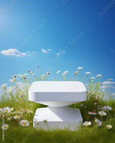 Natural beauty podium backdrop with spring flower field scene. 3d rendering.