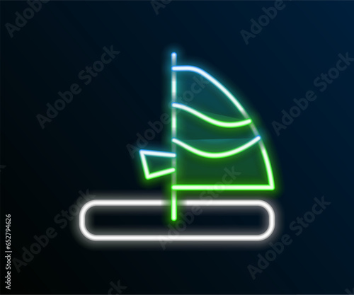 Glowing neon line Windsurfing icon isolated on black background. Colorful outline concept. Vector