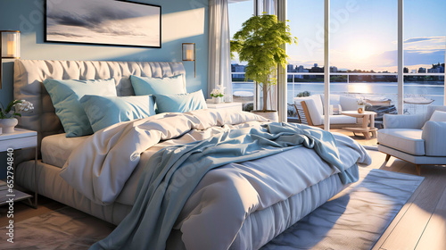 Bedroom with nautical themes and blue tones
