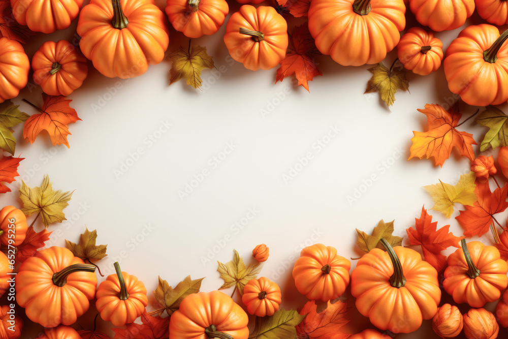 Flat lay Autumn frame with decorative pumpkins and fallen leaves on a white background. Flat lay Autumn frame with decorative pumpkins and fallen leaves on a white background.