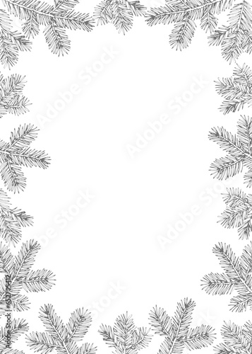 Christmas fir tree wreath. Isolated winter holiday floral garland for greeting card, invitation. Evergreen spruce branches. Elegant hand drawn vintage engraving illustration, design, web banner