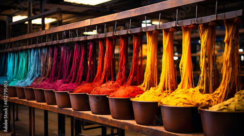 Colorful display of organic dyes being mixed in a textile factory photo