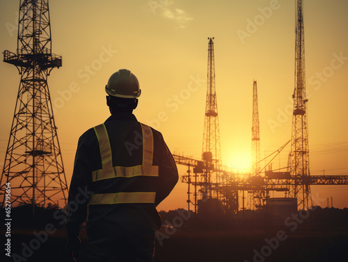 Back view of construction worker standing against industrial landscape with dramatic sunset.