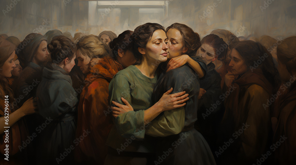 Portrait of two women in each other's arms in a crowd