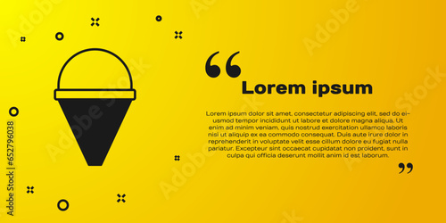 Black Fire cone bucket icon isolated on yellow background. Metal cone bucket empty or with water for fire fighting. Vector