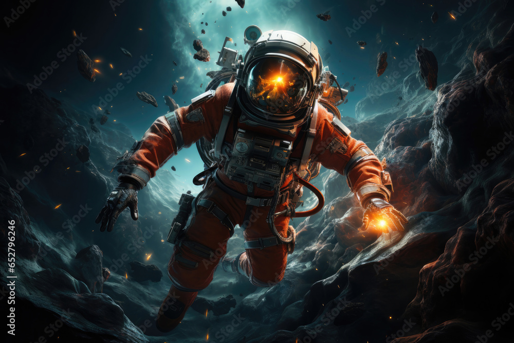 Futuristic space landscape and an astronaut in outer space