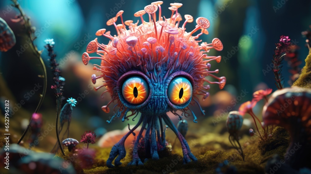 Tiny unseen world of dorky viral fungi monsters with big bulging eyes living life like nobody sees them on the forest floor, hidden mutated vegan mushrooms, not creepy but cute. Tiny unseen world of dorky viral fungi monsters with big bulging eyes living life like nobody sees them on the forest floor, hidden mutated vegan mushrooms, not creepy but cute.