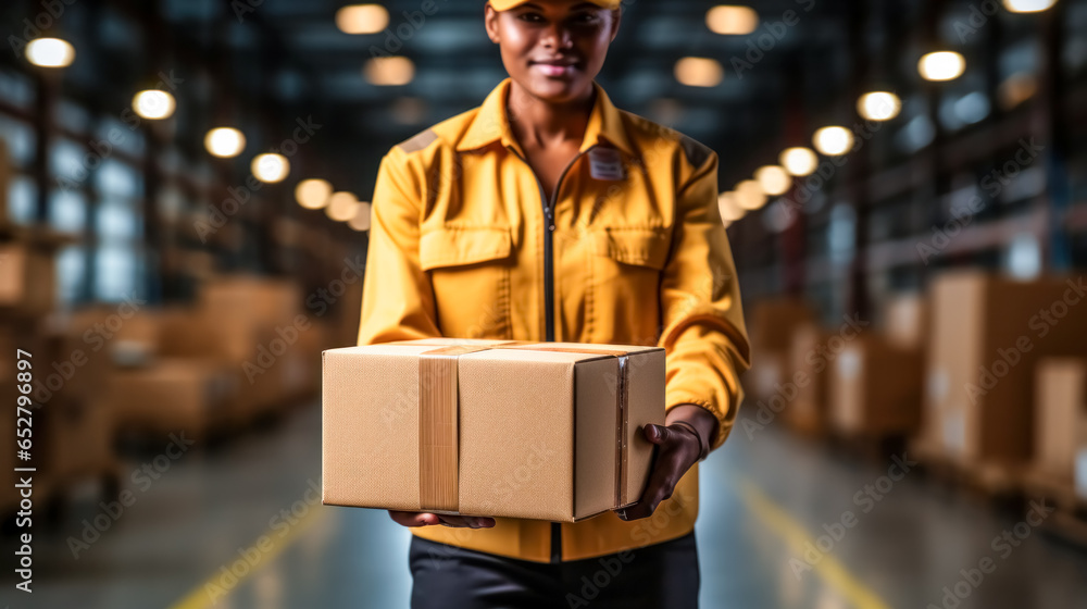 african american delivery man holding parcel box in warehouse, blurred background
african american delivery man holding parcel box in warehouse, blurred background