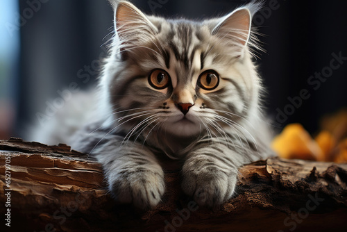 Cute Persian kitten outdoors walking, sitting on a tree branch