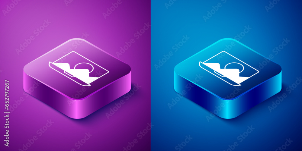 Isometric Photo retouching icon isolated on blue and purple background. Photographer, photography, retouch icon. Square button. Vector Isometric Photo retouching icon isolated on blue and purple background. Photographer, photography, retouch icon. Square button. Vector