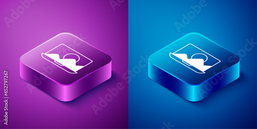 Isometric Photo retouching icon isolated on blue and purple background. Photographer, photography, retouch icon. Square button. Vector