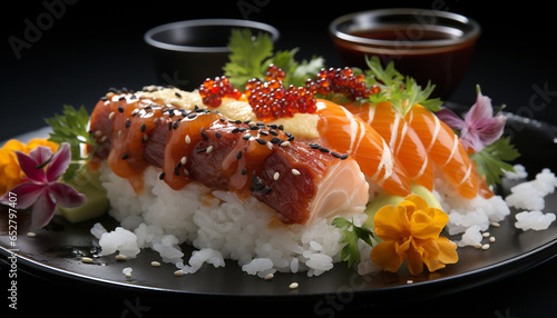 Freshness of seafood on a plate, a gourmet Japanese meal generated by AI
