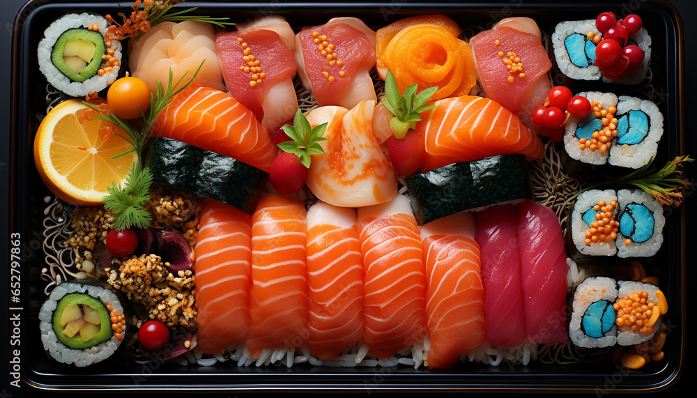 Freshness of seafood, gourmet meal, sushi plate, healthy Japanese culture generated by AI