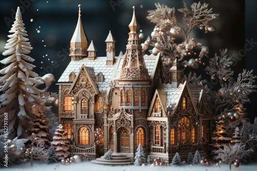 Miniature fairy-tale house with Christmas trees