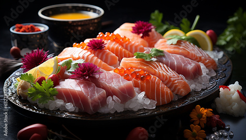 Freshness on a plate seafood, sashimi, meat, fish, vegetable, fillet, salad generated by AI