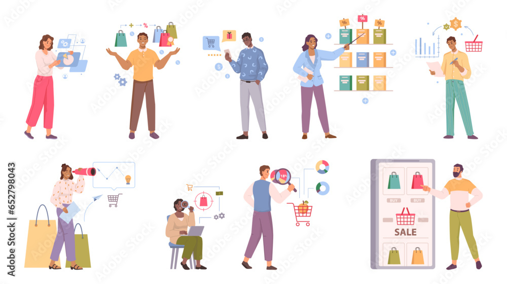 Consumer behavior, consumer motivation, purchasing habit, flat cartoon people. Buyer person and purchase decision process, marketing and competitor research, shopper habits, targeting strategy vector - obrazy, fototapety, plakaty 
