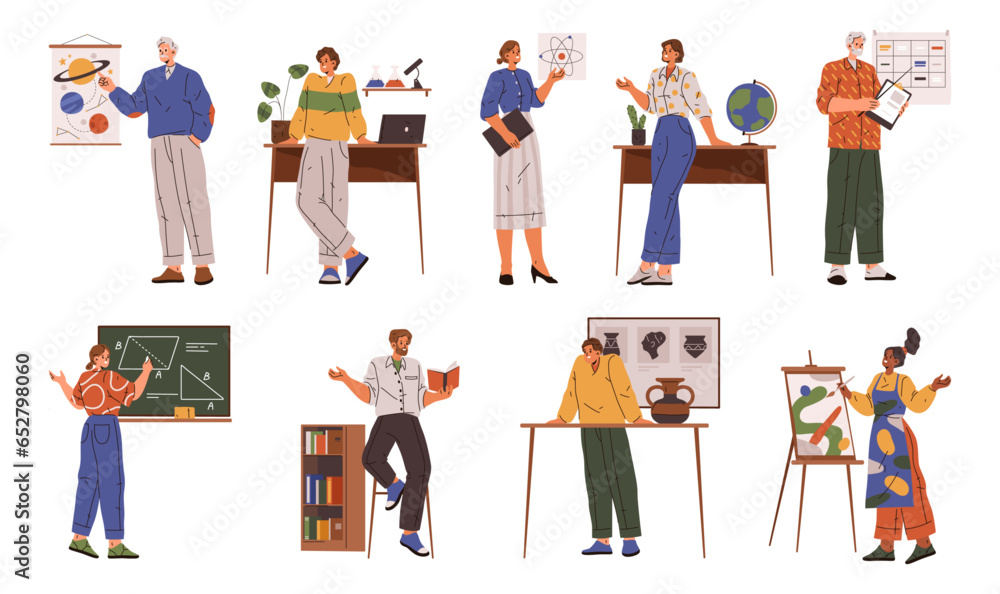 Cool teacher of geometry of arts, people trainers. Vector geometry and literature, arts and mathematics teacher near chalkboard, astrology teacher in classroom, flat cartoon people study and education