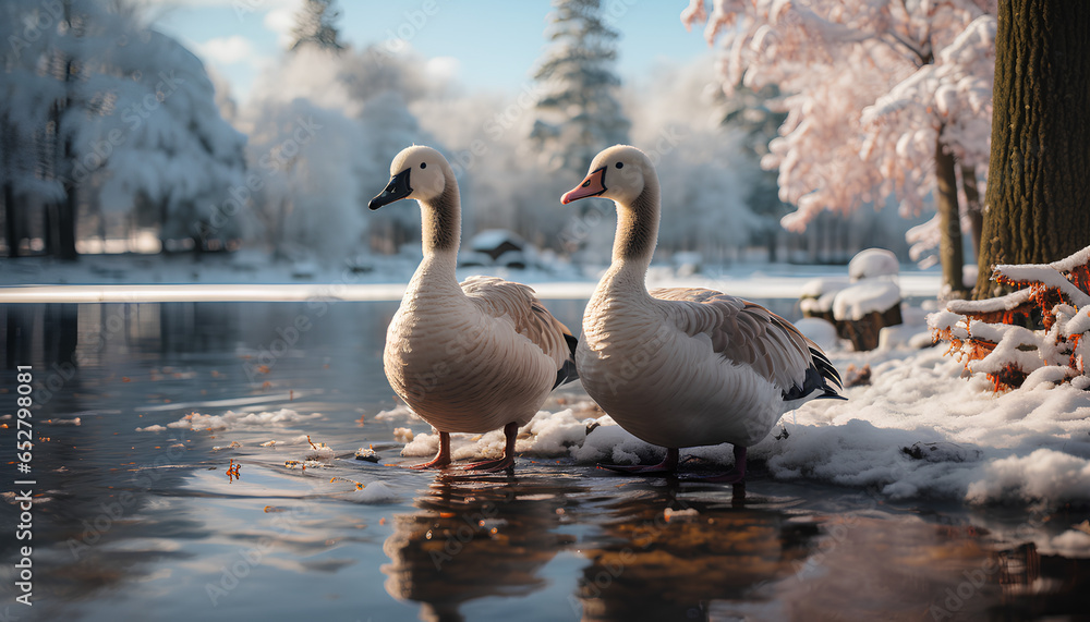 geese on the lake in a snowy forest during winter time. Winter landscape. Winter paysage. Frozen lake. geese in winter time. Duck. geese on the lake in a snowy forest during winter time. Winter landscape. Winter paysage. Frozen lake. geese in winter time. Duck.