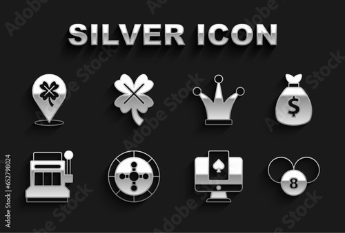 Set Casino roulette wheel, Money bag, Lottery ball bingo card, Online poker table game, Slot machine, Joker playing, slot with clover and icon. Vector