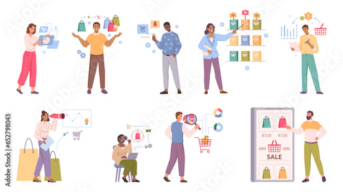 Consumer behavior, consumer motivation, purchasing habit, flat cartoon people. Buyer person and purchase decision process, marketing and competitor research, shopper habits, targeting strategy vector