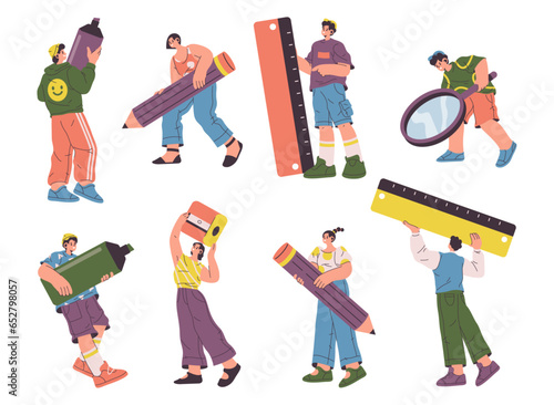 People and huge stationery, character holding big tools, eraser and person writing with pencil, studying with magnifying glass. Flat vector illustration of pupils or students with marker or ruler