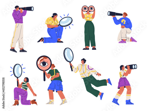 Cartoon people searching with magnifying glass, binoculars. Vector illustration of curious characters looking through loupe lens. Man and woman with magnifier find information, research concept