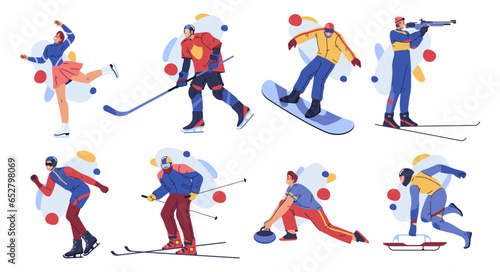 Sportsmen snowboarders alpine skiers and cross-country skiers boys girls cartoon characters. Vector people in winter sport, freestyle skiing, sliding, bobsled, ski jumping, curling and figure skating
