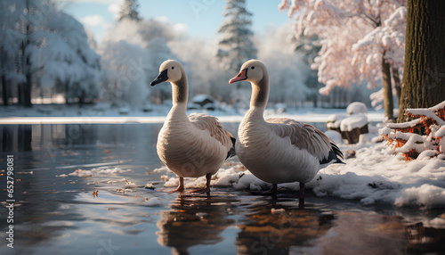 geese on the lake in a snowy forest during winter time. Winter landscape. Winter paysage. Frozen lake. geese in winter time. Duck.