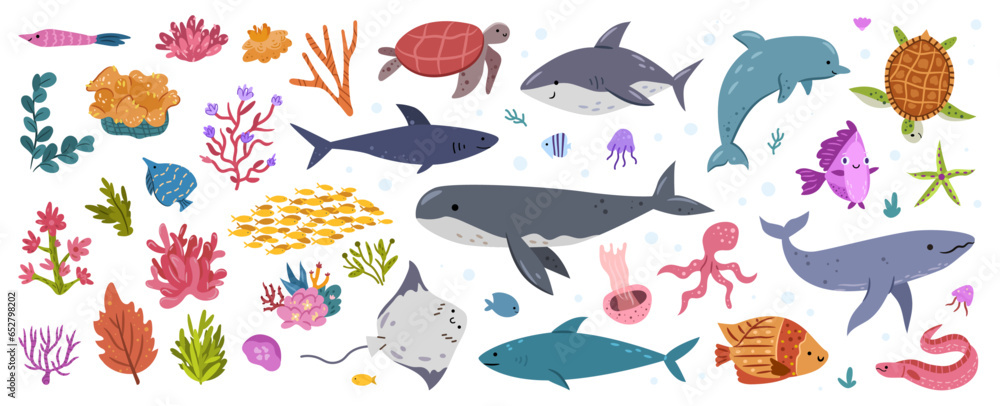 Sea and ocean biodiversity of animal and plant species. Isolated sharks and whale, fish and octopus, jellyfish and starfish, algae and weed. Vector illustration in flat cartoon style