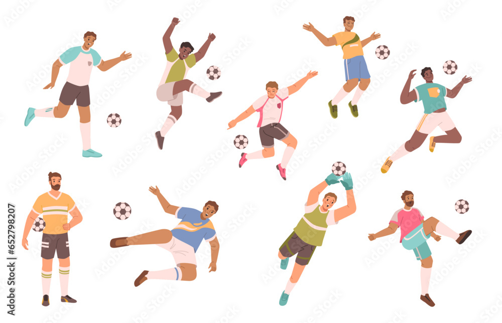 Cartoon soccer football players flat vector illustration. Sportsman with ball, people playing sport game. Athlete goal and kick, action and workout. Running guy competition, outdoor play activity