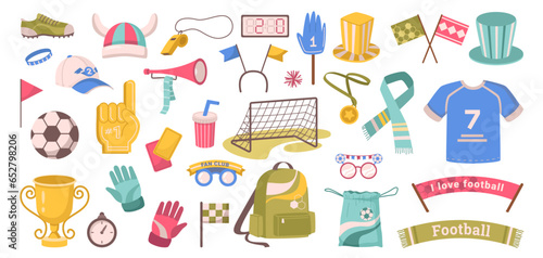 Soccer game sport championship fan sticker set. Competition match attributes flat vector illustration. Football field, team t-shirt, tournament cup, foam hand and trumpet. Soccer match attributes