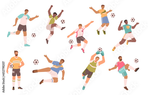 Cartoon soccer football players flat vector illustration. Sportsman with ball  people playing sport game. Athlete goal and kick  action and workout. Running guy competition  outdoor play activity