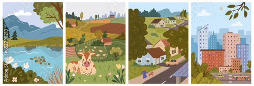 Landscape or scene of suburb or village, city downtown with skyscrapers and building apartment. View on farm and fields, cityscape and nature. Vector illustration in flat cartoon style