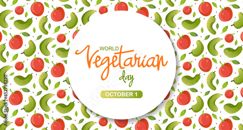 World vegetarian day web banner. lettering for vegan day. Seamless cucumber pattern for Background.
