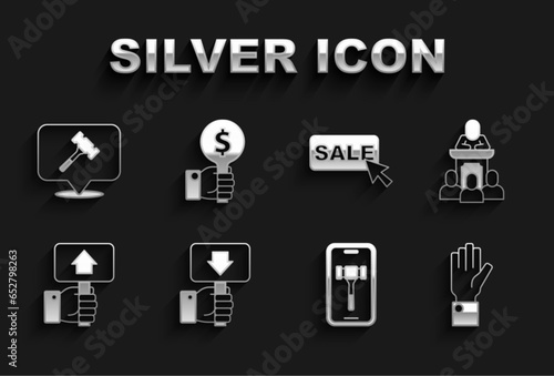 Set Hand holding auction paddle, Auction auctioneer sells, Online, Price tag with Sale, hammer and icon. Vector