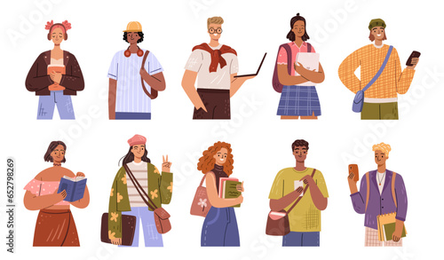 Fashionable youth with books and backpacks. Students from high school or college, university pupils. Men and women with smiling expression on faces. Vector illustration in flat cartoon style