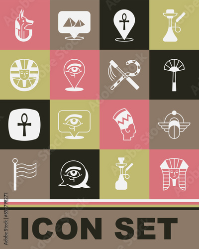 Set Egyptian pharaoh, Scarab, fan, Cross ankh, Eye of Horus, anubis and Crook and flail icon. Vector