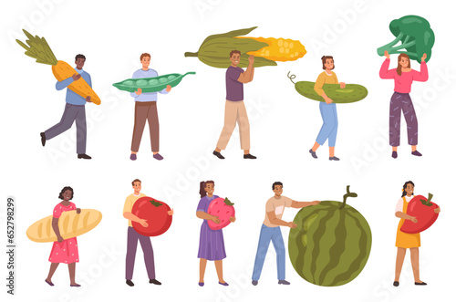 Tiny people with different huge food set. Characters holding fruits and vegetables, carrot and pea, corn and cucumbers. Flat vector illustration of man and woman with watermelon and bread