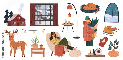 Merry Christmas and Happy New Year winter cozy items and people set. Vector illustration of winter holidays home, big window and reindeer, lamp and male with fur tree, woman resting in armchair
