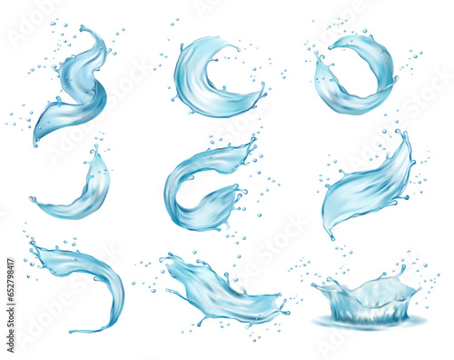 Water crown splashes and wave swirl with drops, realistic design. Vector clear aqua falling or pour with air bubbles. Blue liquid splashing fluids with droplets, isolated fresh drink 3d elements