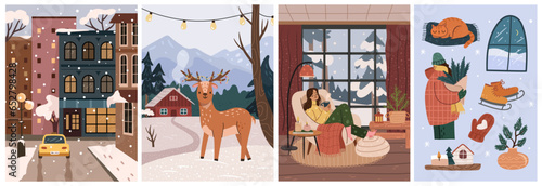 Merry Christmas and Happy New Year winter cozy posters set. Vector illustration of winter holidays home living room interior with woman, cityscape buildings and car, deer animal in snowy landscape